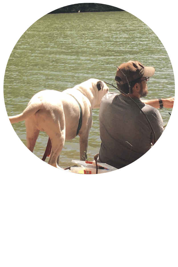 A relaxed white dog with black markings lies on green grass, surrounded by trees, enjoying a sunny day in the park.